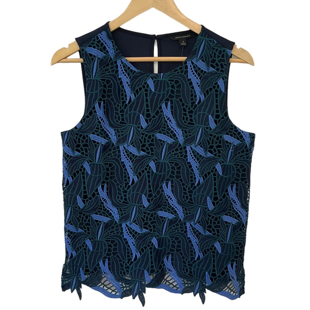 NWT Banana Republic Orchid Lace Top Green Navy Sleeveless Women’s Size S